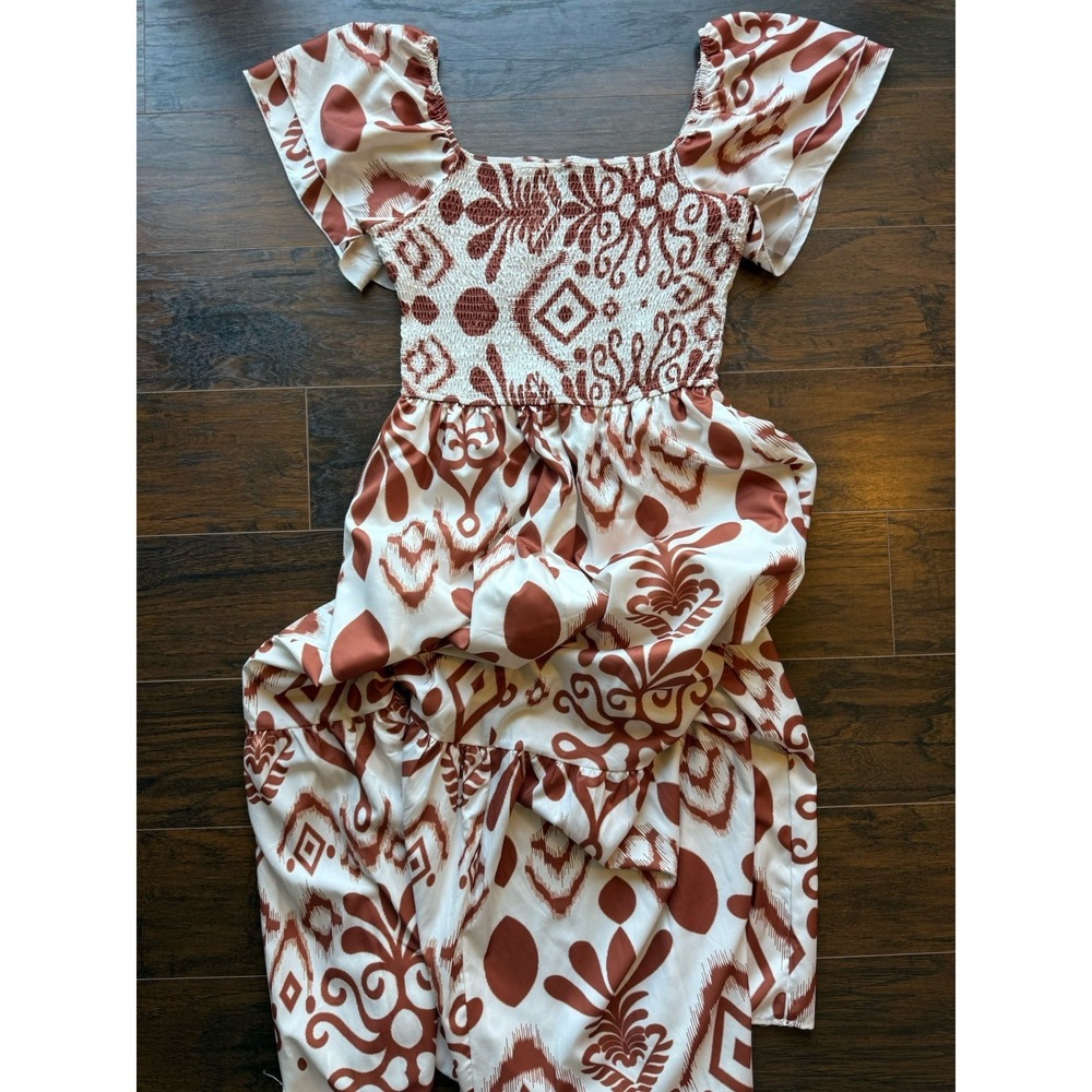 Womens Boho Smocked Midi Dress Puff Sleeve Tribal Print Flowy Summer Large Brown - Picture 7 of 8